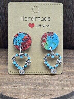 NWT Wood Circle Rhinestone Earrings Pierced Silver Tone Faux Turquoise Heart